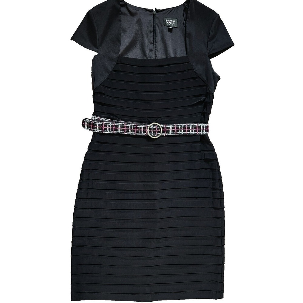 Adrianna Papell Black Belted Beaded Dress 12P Square Neck Eveningwear - Picture 3 of 15